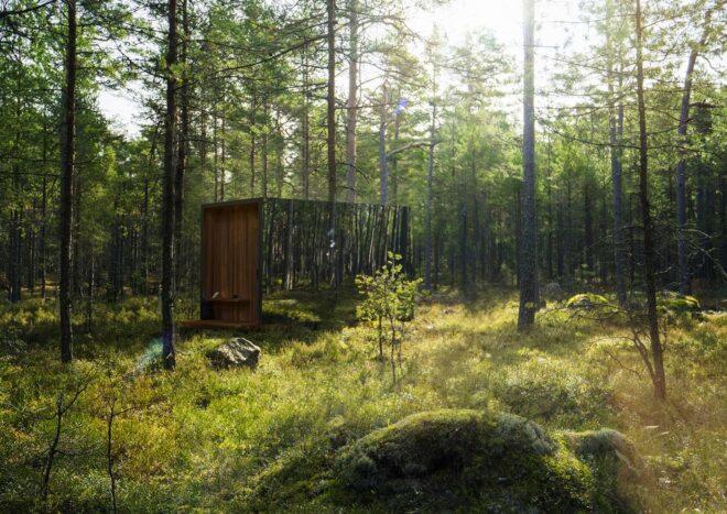 wood and glass cabin in a forest