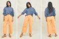 Various shots of a blue top and yellow pant loungewear set.