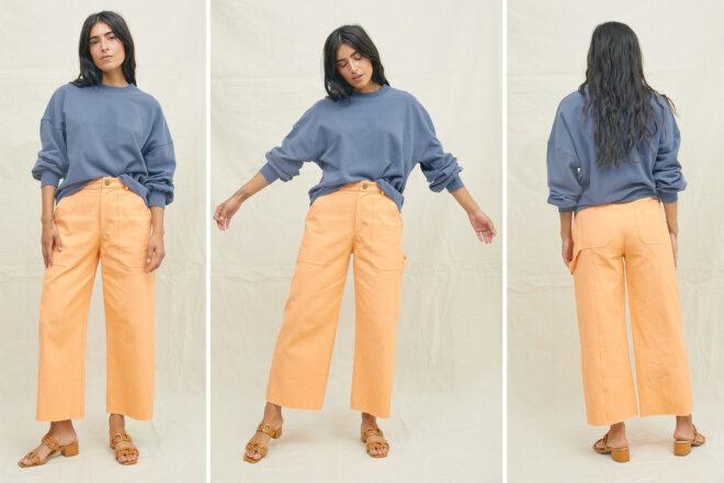 Various shots of a blue top and yellow pant loungewear set.