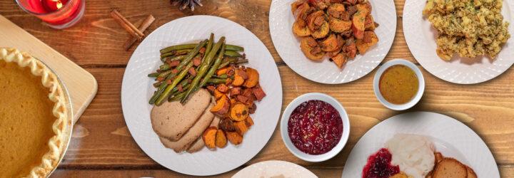 vegan turkey, potatoes and green beans on dinner table