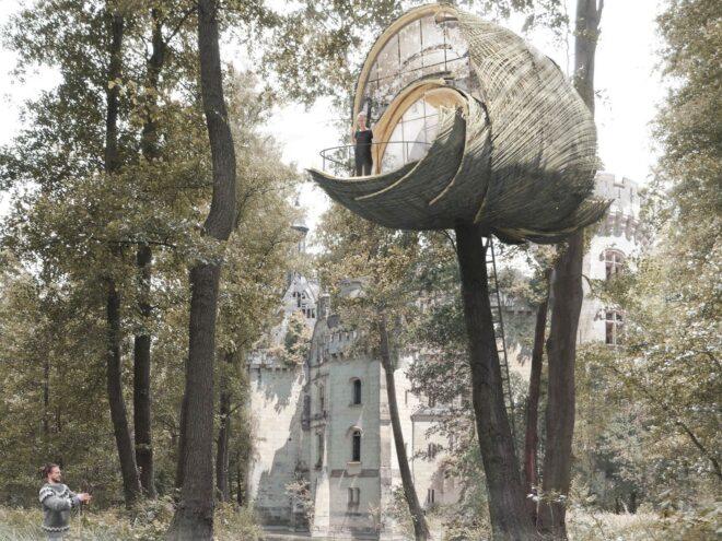 rendering of elevated treehouse in a forest