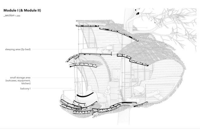 sketch of a treehouse in the shape of a wasp nest