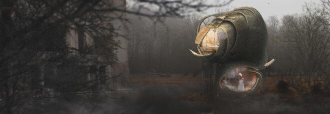 wood, round treehouse in dark forest rendering