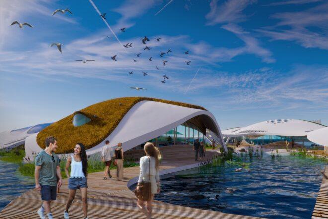 A rendering of the campus with curved-roof buildings near water. People mill around the area.