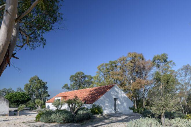 A daytime view of a simple A-line house with a red roof, surrounded by trees and green bushes.