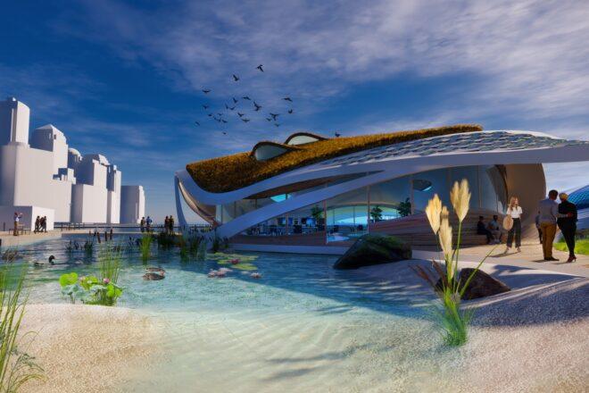 A rendering of the campus with curved-roof buildings near water. People mill around the area.
