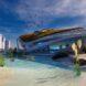 A rendering of the campus with curved-roof buildings near water. People mill around the area.