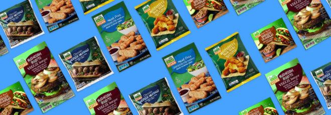 A patterned flat lay of various vegan foods.