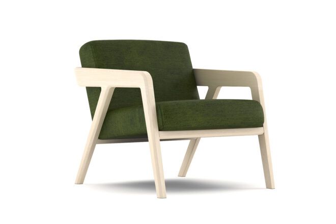 A white wood frame chair with green cushions.