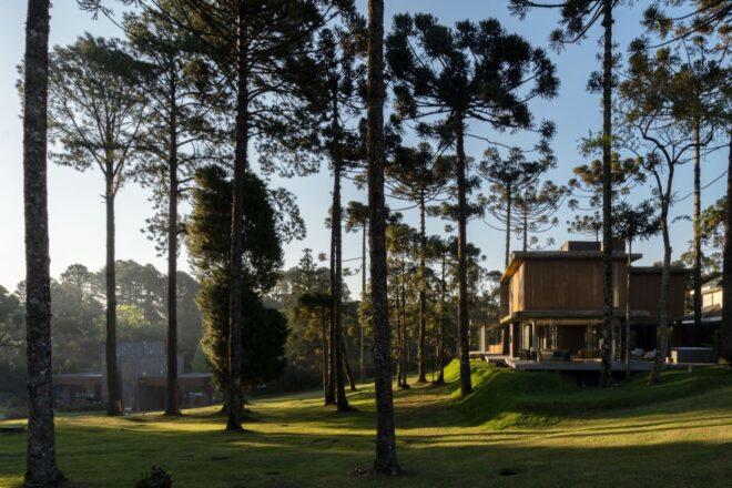glass and stone home surrounded by a forest