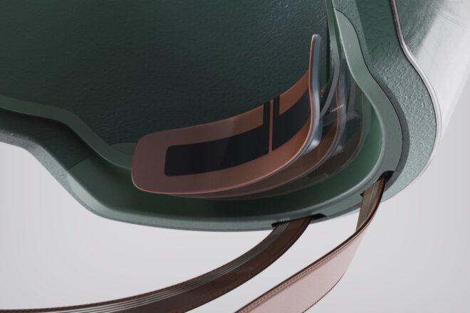 The inside of the helmet.