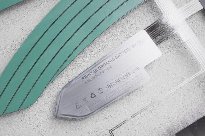 A close-up of a printed organic battery.