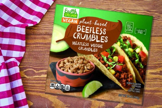 A box of Aldi Beefless Crumbles.