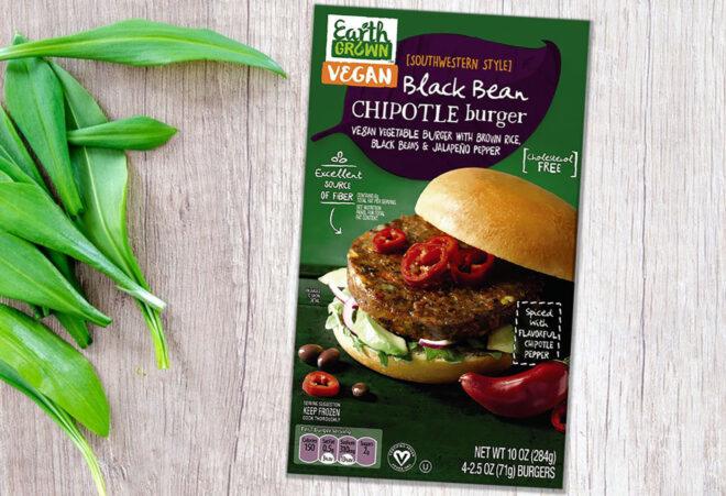 A box of Aldi Black Bean Chipotle Burgers.