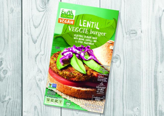 A box of Aldi Lentil Veggie Burgers.
