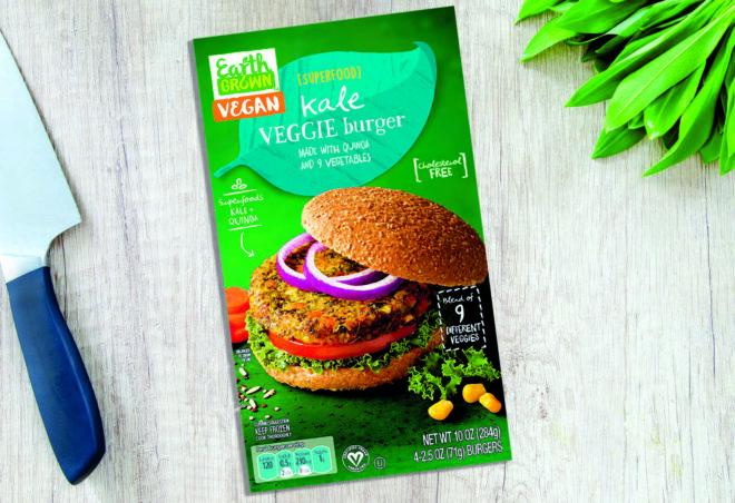 A box of Aldi Kale Veggie Burgers.