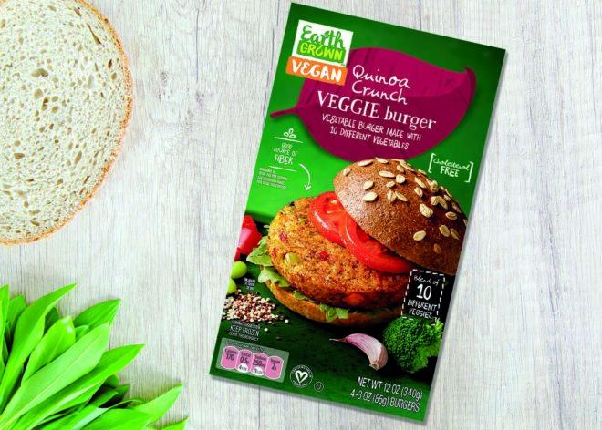 A box of Aldi Quinoa Crunch Veggie Burgers.