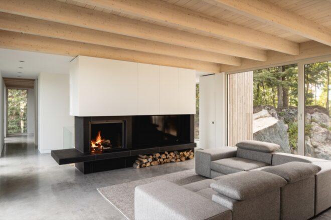 black fireplace across from white couch