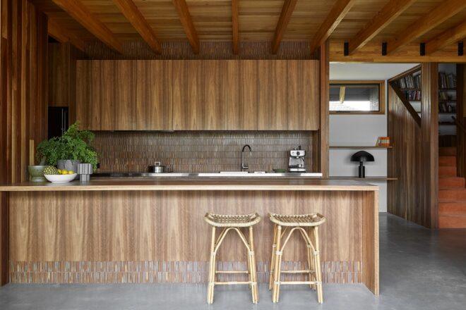 all-wood kitchen with large island