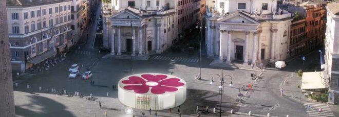 rendering of white building with pink flower logo on roof in public square