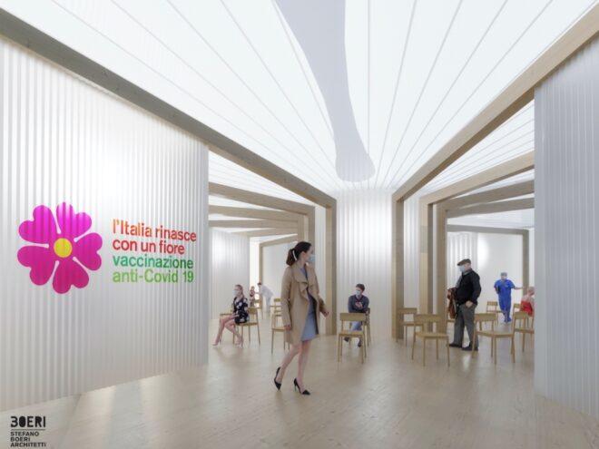 rendering of people walking inside white prefab building