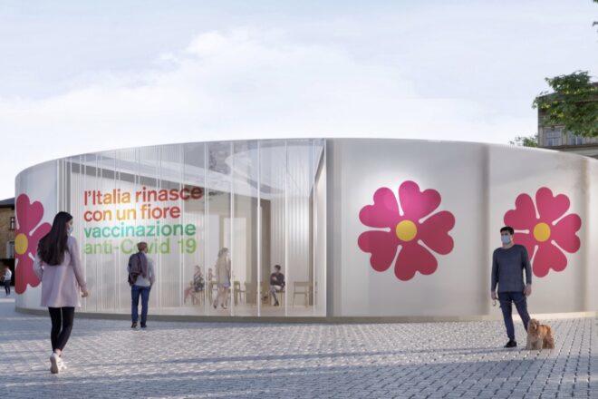 rendering of white building with pink floral logos on the side
