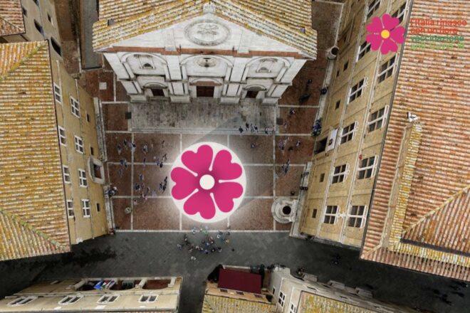 aerial rendering of pink flower-topped prefab building