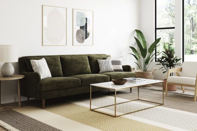 A green sofa and minimalist coffee table in a living room.