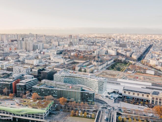 aerial view of glass solar-powered building