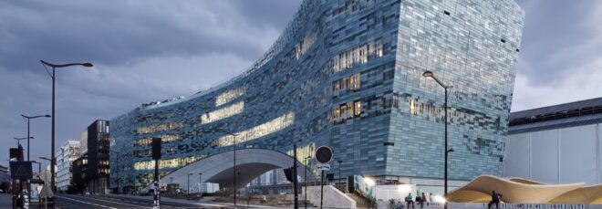 large office building with pixelated glass exterior