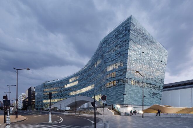 large office building with pixelated glass exterior