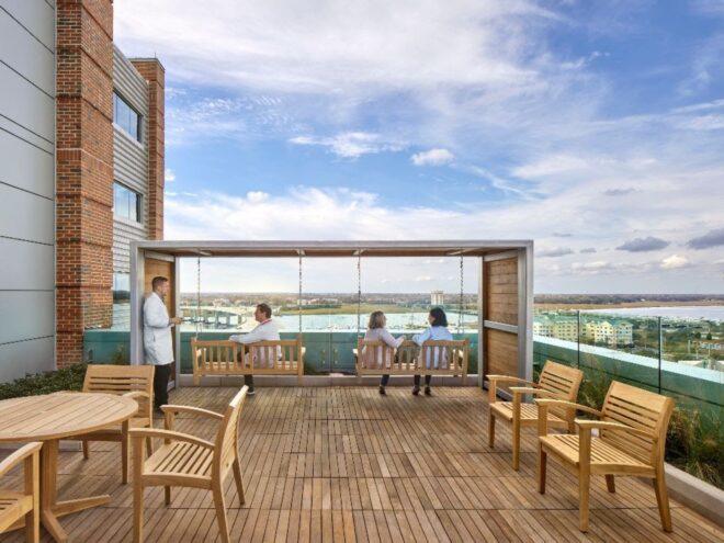 wood patio with wood seats