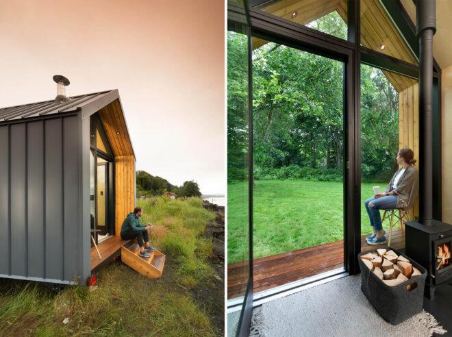 Two images: a sideview of a gabled house, and an interior shot of a room with floor-to-ceiling windows.