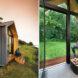 Two images: a sideview of a gabled house, and an interior shot of a room with floor-to-ceiling windows.