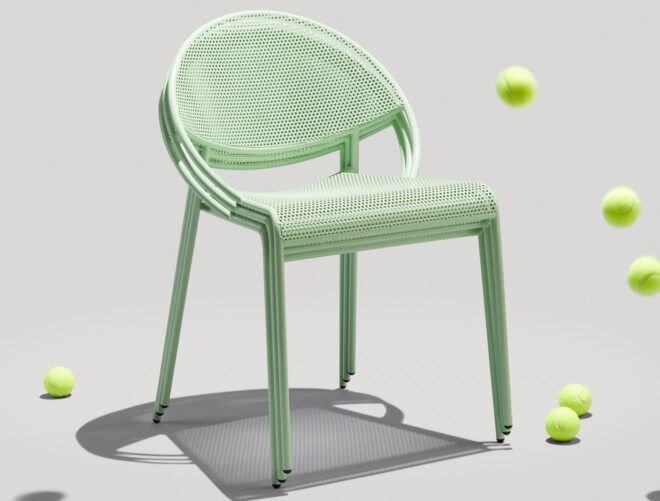 mint-green chair on white background with tennis balls falling from above