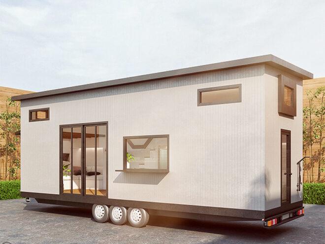 rendering of white tiny home on wheels