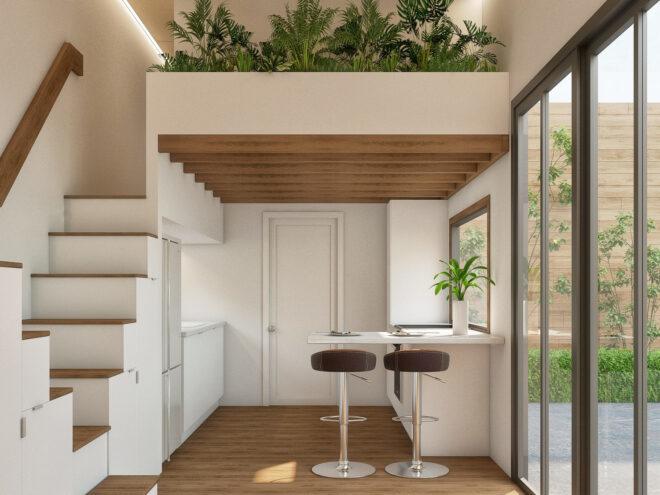 rendering of white tiny home interior with wall planters