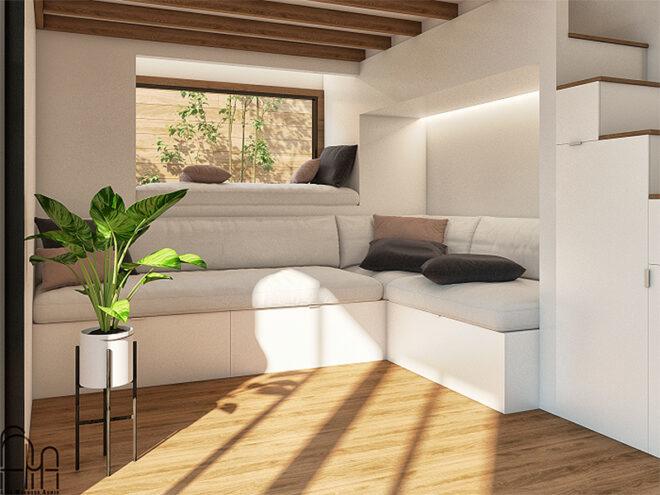 rendering of white sofa and day bed in tiny home living room