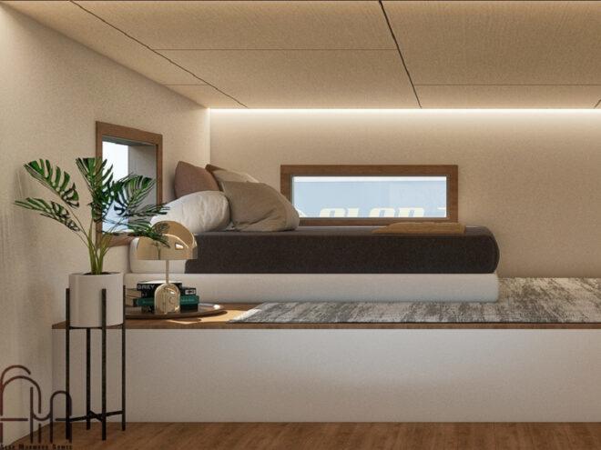 rendering of bed on wood platform in lofted area