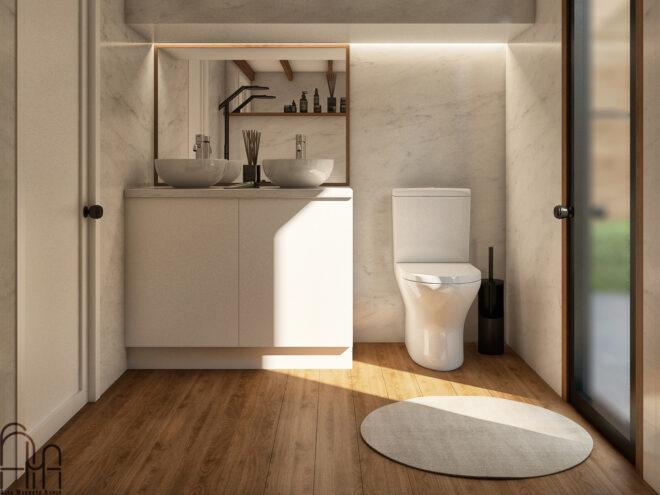 rendering of tiny home bathroom with wood floors and marble walls