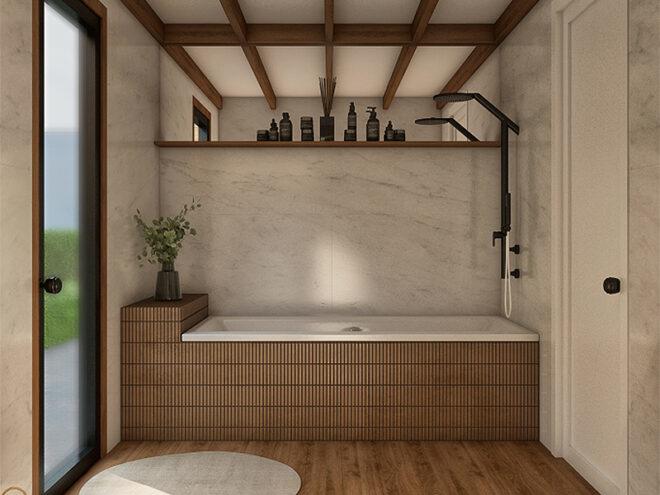 rendering of large tub in tiny home bathroom with marble walls