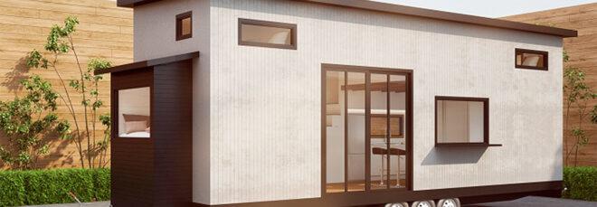 rendering of white tiny home on wheels
