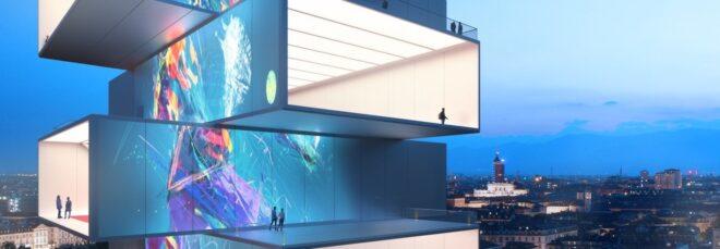 rendering of stacked tennis courts in a skyscraper