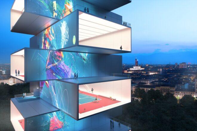 rendering of stacked tennis courts in a skyscraper