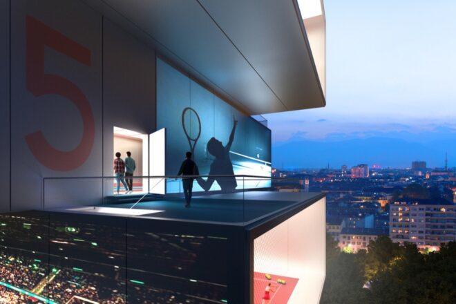 rendering of people playing tennis on a balcony