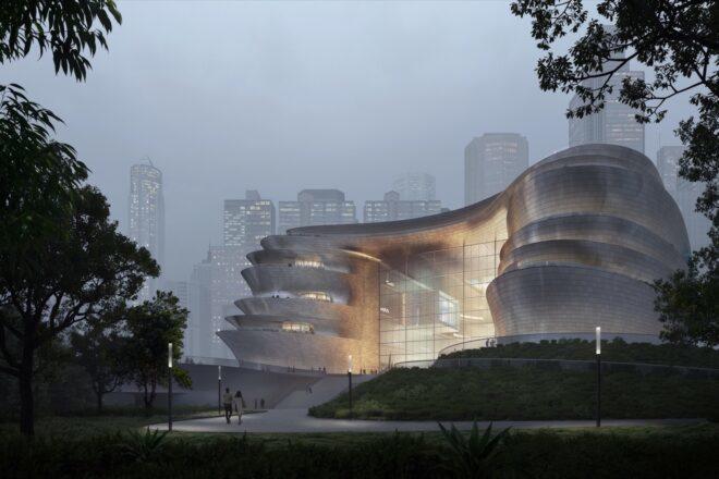 rendering of large curving building in a city
