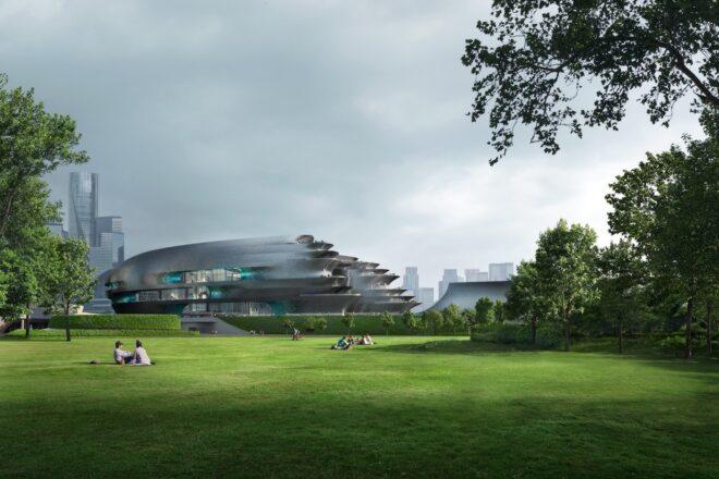 rendering of massive park next to curvy white building