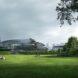 rendering of massive park next to curvy white building