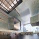 rendering of museum interior with curved ceilings and one end wall made of glass