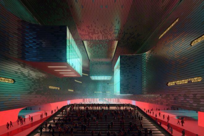 rendering of people walking up dimly lit stairs in a museum